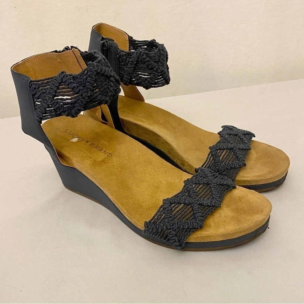 Lucky Brand Kierlo Wedge Sandals Macramé Heels Comfort Shoes Blue Size 9.5
